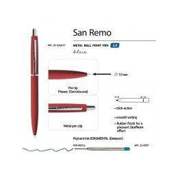 Ручка "SAN REMO" шариковая, автоматическая, красный  металлический корпус 1.00 мм, синяя