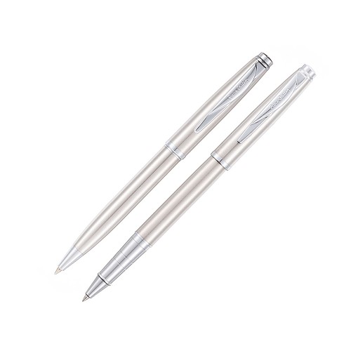 Набор Pierre Cardin коллекция «ПАРА (PEN&PEN)» : ручка шариковая + роллер. Корпус - латунь и хромоникилевое покрытие.Отделка и детали дизайна - сталь, хром. Цвет - серебристый. Упаковка Е.