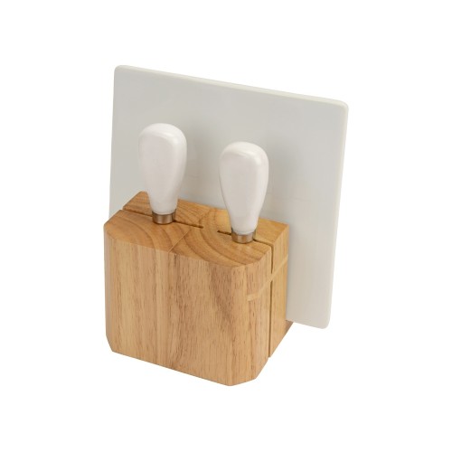 Набор для сыра Cheese Break: 2  ножа керамических на  деревянной подставке, керамическая доска