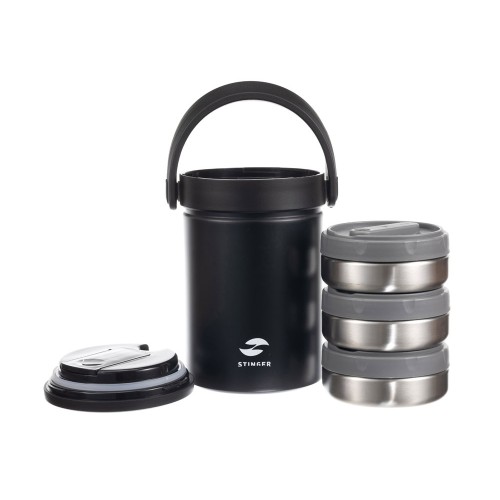 Термос ланч-бокс Stinger, 1,7 л, широкий, сталь, чёрный, три контейнера, 16,1 x 14,9 x 21,5