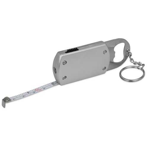 Брелок-открывалка с рулеткой и фонариком "Open", серебристый