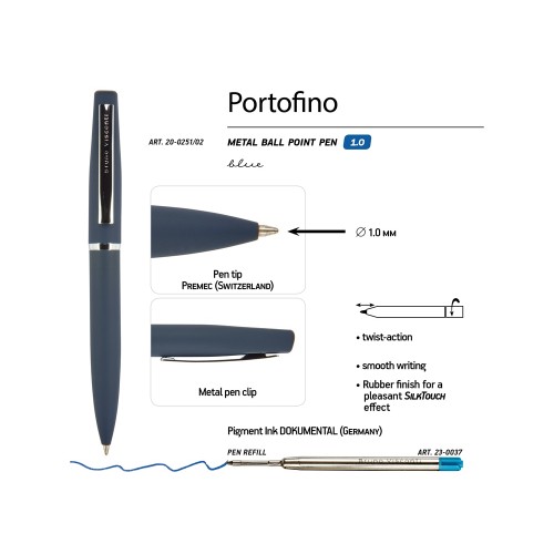 Ручка металлическая шариковая "Portofino", софт-тач, 1.0 мм, синий