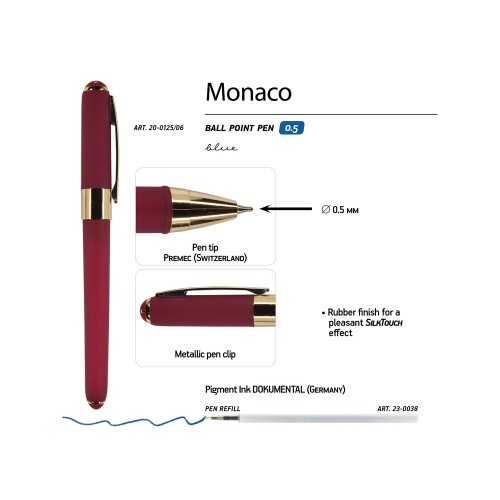 Ручка пластиковая шариковая «Monaco», 0,5мм, синие чернила, бордовый