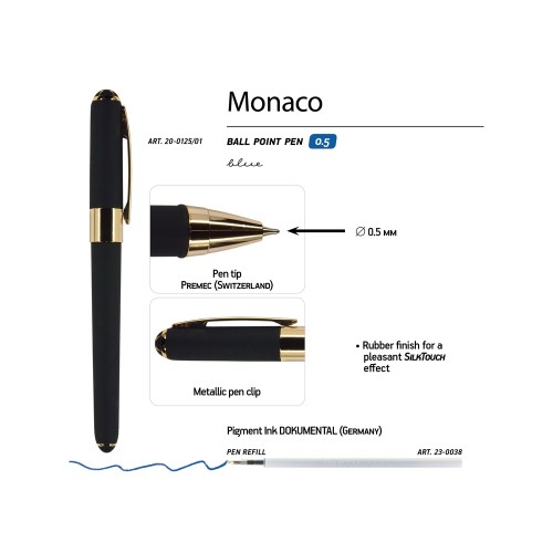 Ручка пластиковая шариковая «Monaco», 0,5мм, синие чернила, черный