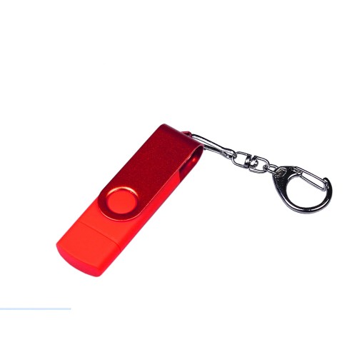 USB-флешка на 16 Гб 3 в 1 поворотный механизм, c двумя дополнительными разъемами MicroUSB и TypeC C с одноцветным металлическим клипом, красный