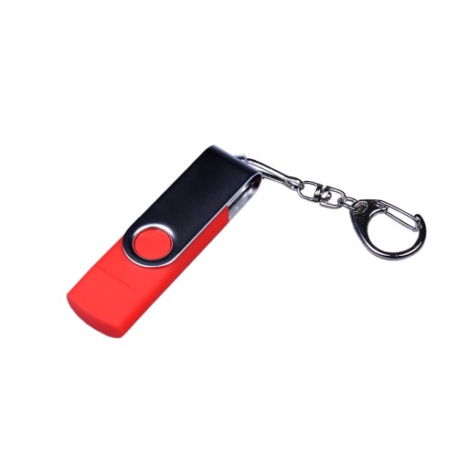 USB-флешка на 16 Гб поворотный механизм, c двумя дополнительными разъемами MicroUSB и TypeC, красный