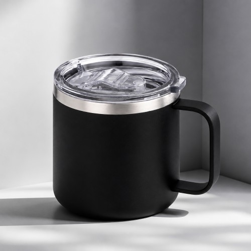 Кружка стальная Alaska с крышкой слайдером, powder coating, черный