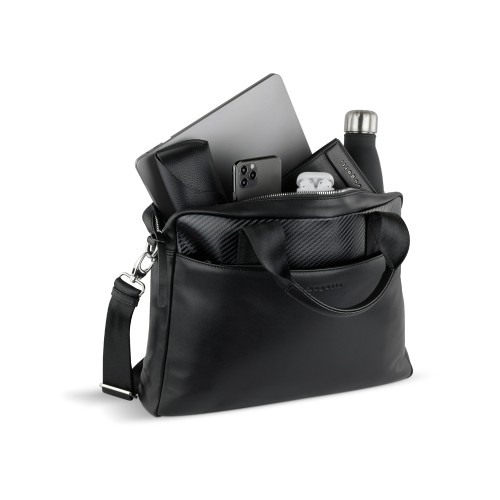 Портфель мужской BUGATTI КОМЕТА | COMET, чёрный, воловья кожа/полиэстер, 37х6х27 см