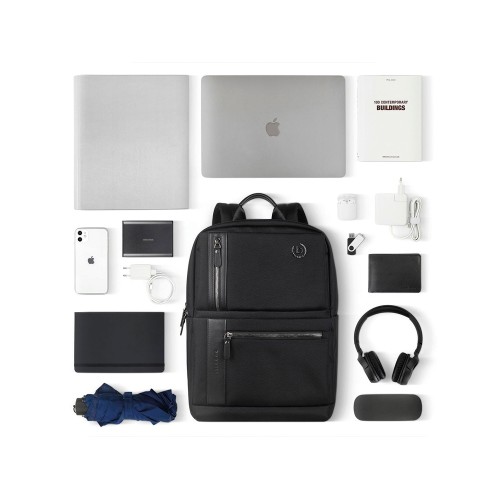 Рюкзак мужской BUGATTI НЕРО | NERO 16'', чёрный, нейлон 1680D/кожа, 29,5х14х44 см