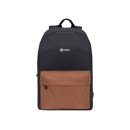 Рюкзак TORBER ГРАФФИТИ, черный с карманом коричневого цвета, полиэстер меланж, 42 х 29 x 19 см