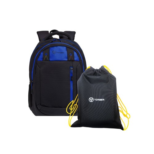 Рюкзак TORBER КЛАСС, черный с синей вставкой, полиэстер 900D, 45 x 32 x 16 см