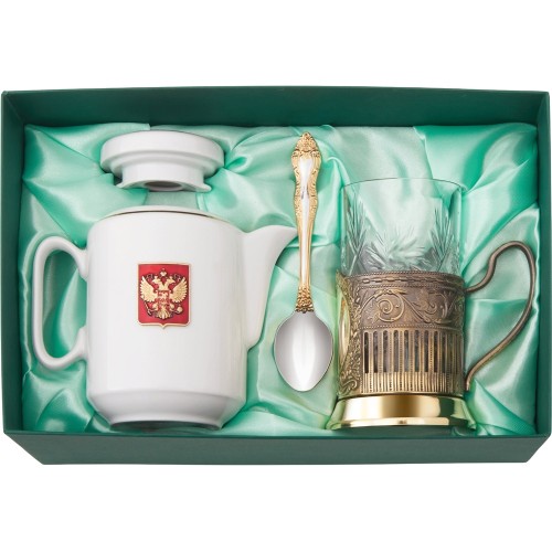 Чайный набор с подстаканником и фарфоровым чайником «ЭГОИСТ-Л», золотистый/белый