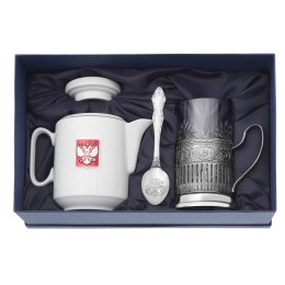 Чайный набор с подстаканником и фарфоровым чайником «ЭГОИСТ-М», серебристый/белый