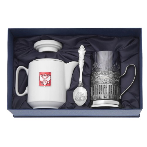 Чайный набор с подстаканником и фарфоровым чайником «ЭГОИСТ-М», серебристый/белый