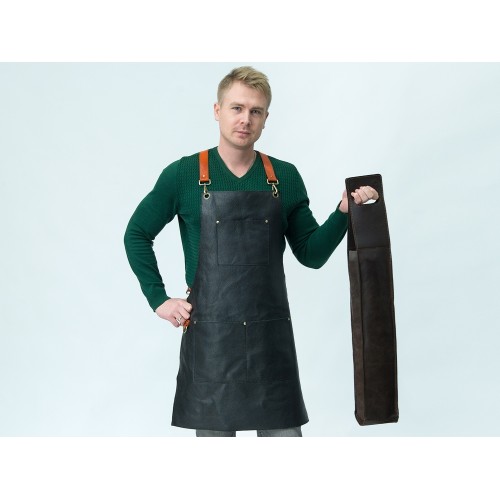 Набор: фартук из натуральной кожи в тубусе, черный с рыжими ремнями
