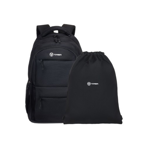 Рюкзак TORBER КЛАСС, черный, полиэстер 900D, 45 x 30 x 18 см + Мешок для сменной обуви в подарок!
