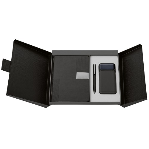 Подарочный набор "Tesla" с блокнотом А5, ручкой и пауэрбенком на 10 000 mAh, черный
