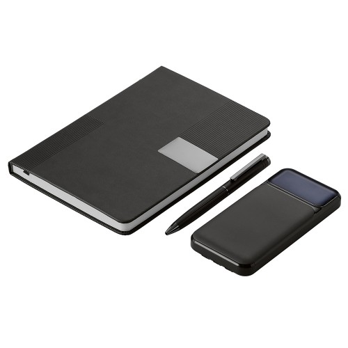 Подарочный набор "Tesla" с блокнотом А5, ручкой и пауэрбенком на 10 000 mAh, черный