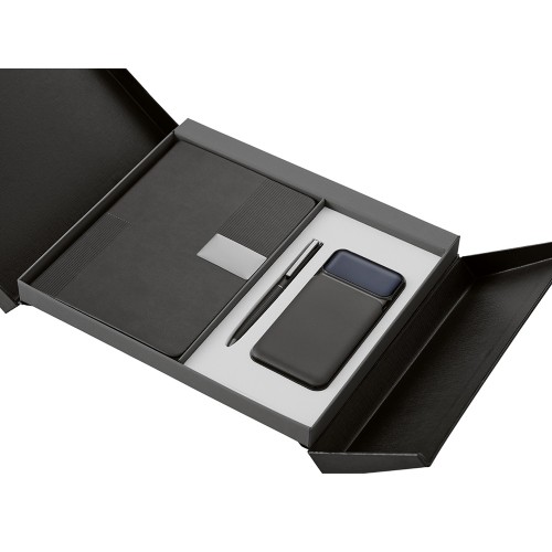 Подарочный набор "Tesla" с блокнотом А5, ручкой и пауэрбенком на 10 000 mAh, черный