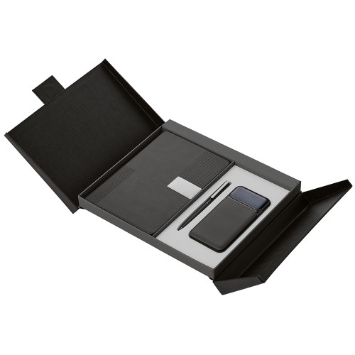 Подарочный набор "Tesla" с блокнотом А5, ручкой и пауэрбенком на 10 000 mAh, черный