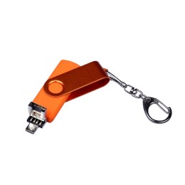 USB-флешка на 16 Гб 3 в 1 поворотный механизм, c двумя дополнительными разъемами MicroUSB и TypeC C с одноцветным металлическим клипом, оранжевый