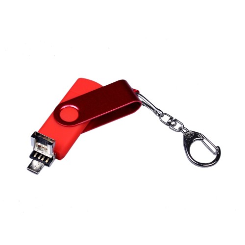 USB-флешка на 16 Гб 3 в 1 поворотный механизм, c двумя дополнительными разъемами MicroUSB и TypeC C с одноцветным металлическим клипом, красный