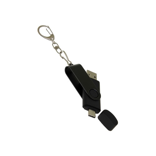 USB-флешка на 128 Гб 2 в 1 поворотный механизм, c дополнительным разъемом Type-C с одноцветным металлическим клипом, черный