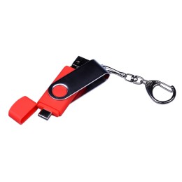 USB-флешка на 16 Гб поворотный механизм, c двумя дополнительными разъемами MicroUSB и TypeC, красный