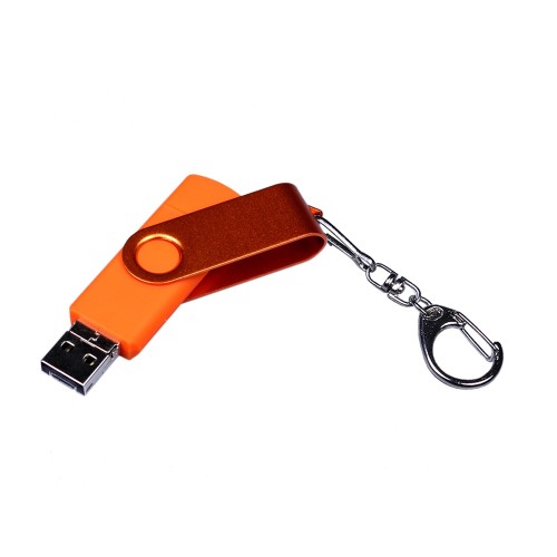 USB-флешка на 16 Гб 3 в 1 поворотный механизм, c двумя дополнительными разъемами MicroUSB и TypeC C с одноцветным металлическим клипом, оранжевый