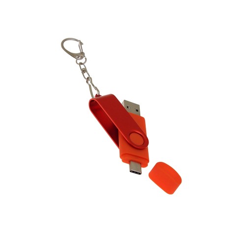USB-флешка на 32 Гб 2 в 1 поворотный механизм, c дополнительным разъемом Type-C с одноцветным металлическим клипом, красный