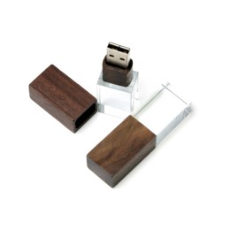 USB-флешка на 64 ГБ прямоугольной формы, под гравировку 3D логотипа, материал стекло, с деревянным колпачком красного цвета, синий