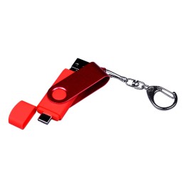 USB-флешка на 16 Гб 3 в 1 поворотный механизм, c двумя дополнительными разъемами MicroUSB и TypeC C с одноцветным металлическим клипом, красный