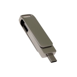 USB 2.0- флешка на 128 Гб поворотный механизм 2 в 1, c дополнительным разъемом Type-C с одноцветным металлическим клипом, серый