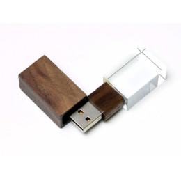 USB-флешка на 64 ГБ прямоугольной формы, под гравировку 3D логотипа, материал стекло, с деревянным колпачком красного цвета, зеленый