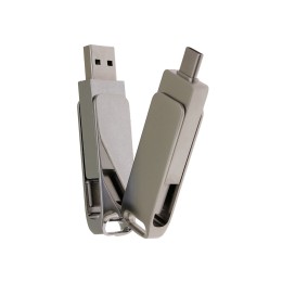 USB 2.0- флешка на 64 Гб поворотный механизм 2 в 1, c дополнительным разъемом Type-C с одноцветным металлическим клипом, серебристый