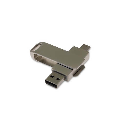 USB 2.0- флешка на 32 Гб поворотный механизм 2 в 1, c дополнительным разъемом Type-C с одноцветным металлическим клипом, серый