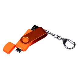 USB-флешка на 16 Гб 3 в 1 поворотный механизм, c двумя дополнительными разъемами MicroUSB и TypeC C с одноцветным металлическим клипом, оранжевый