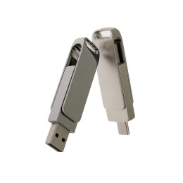 USB 2.0- флешка на 128 Гб поворотный механизм 2 в 1, c дополнительным разъемом Type-C с одноцветным металлическим клипом, серый