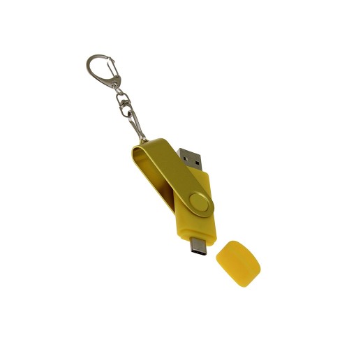 USB-флешка на 128 Гб 2 в 1 поворотный механизм, c дополнительным разъемом Type-C с одноцветным металлическим клипом, желтый