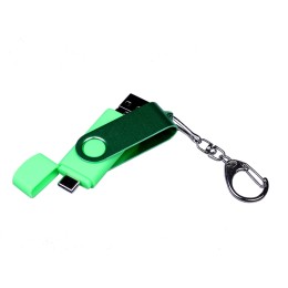 USB-флешка на 64 ГБ 3 в 1 поворотный механизм, c двумя дополнительными разъемами MicroUSB и TypeC C с одноцветным металлическим клипом, зеленый