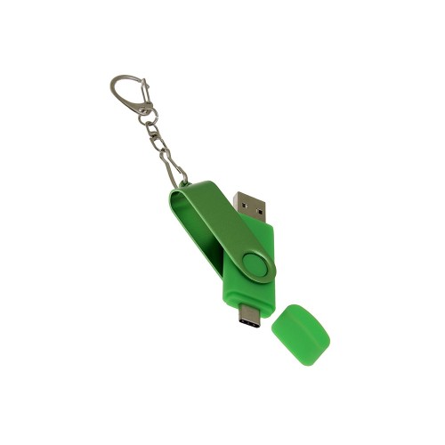USB-флешка на 128 Гб 2 в 1 поворотный механизм, c дополнительным разъемом Type-C с одноцветным металлическим клипом, зеленый