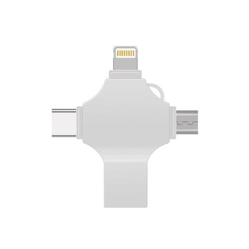 USB-флешка на 128 Гб 4 в 1 поворотный механизм, c дополнительными разъемами MicroUSB, TypeC и Lightning, серебристый