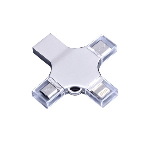 USB-флешка на 64 Гб 4 в 1 поворотный механизм, c дополнительными разъемами MicroUSB, TypeC и Lightning, серебристый