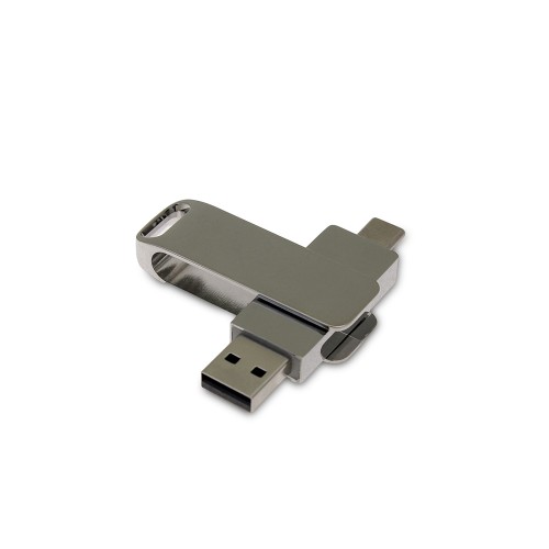 USB 3.0- флешка на 64 Гб поворотный механизм 2 в 1, c дополнительным разъемом Type-C с одноцветным металлическим клипом, серебристый