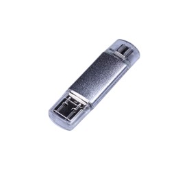 USB-флешка на 64 ГБ c двумя дополнительными разъемами MicroUSB и TypeC, серебро
