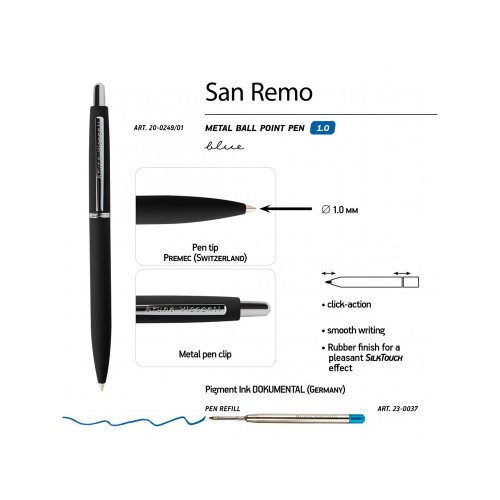 Ручка "SAN REMO" шариковая  автоматическая, черный металлический корпус, 1.00 мм, синяя