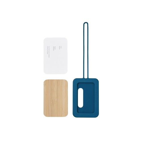 Бамбуковая багажная бирка с силиконовым чехлом "Тагу", темно-синий