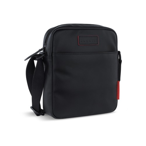 Сумка наплечная мужская BUGATTI КЛАРК | CLARK, чёрная, воловья кожа/полиэстер, 18х5,5х20 см, 2 л