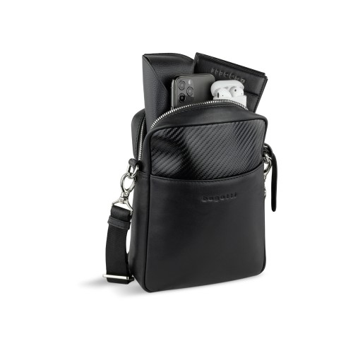 Сумка наплечная мужская BUGATTI КОМЕТА | COMET, чёрная, воловья кожа/полиэстер, 17х4,7х21 см