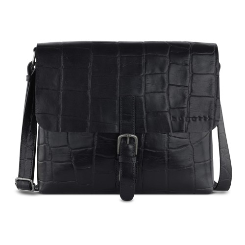 Сумка-мессенджер мужская BUGATTI НЕВИО | NEVIO, чёрная, воловья кожа/хлопок, 30,5х7х25 см, 5 л